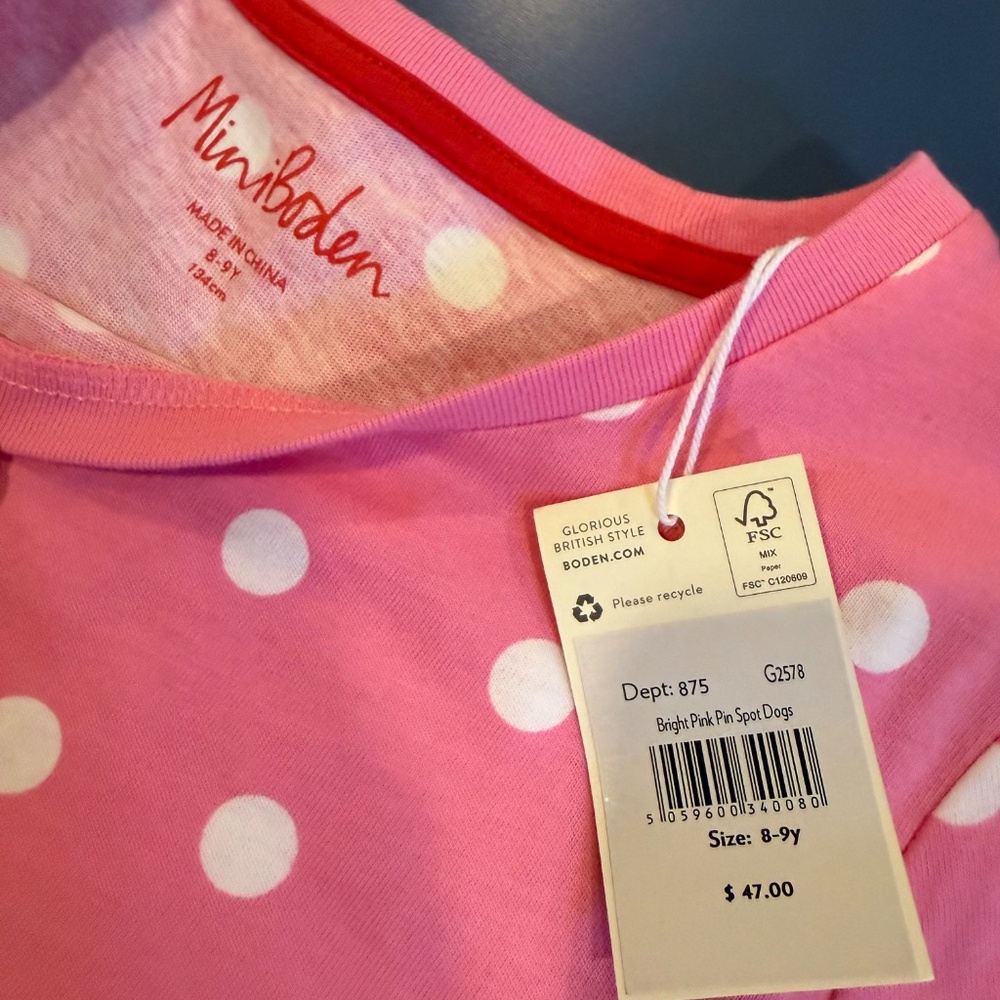 Size 8-9 Mini Boden Festive Scene Applique Tunic in Bright Pink Pin Spot Dogs - Picture 5 of 5